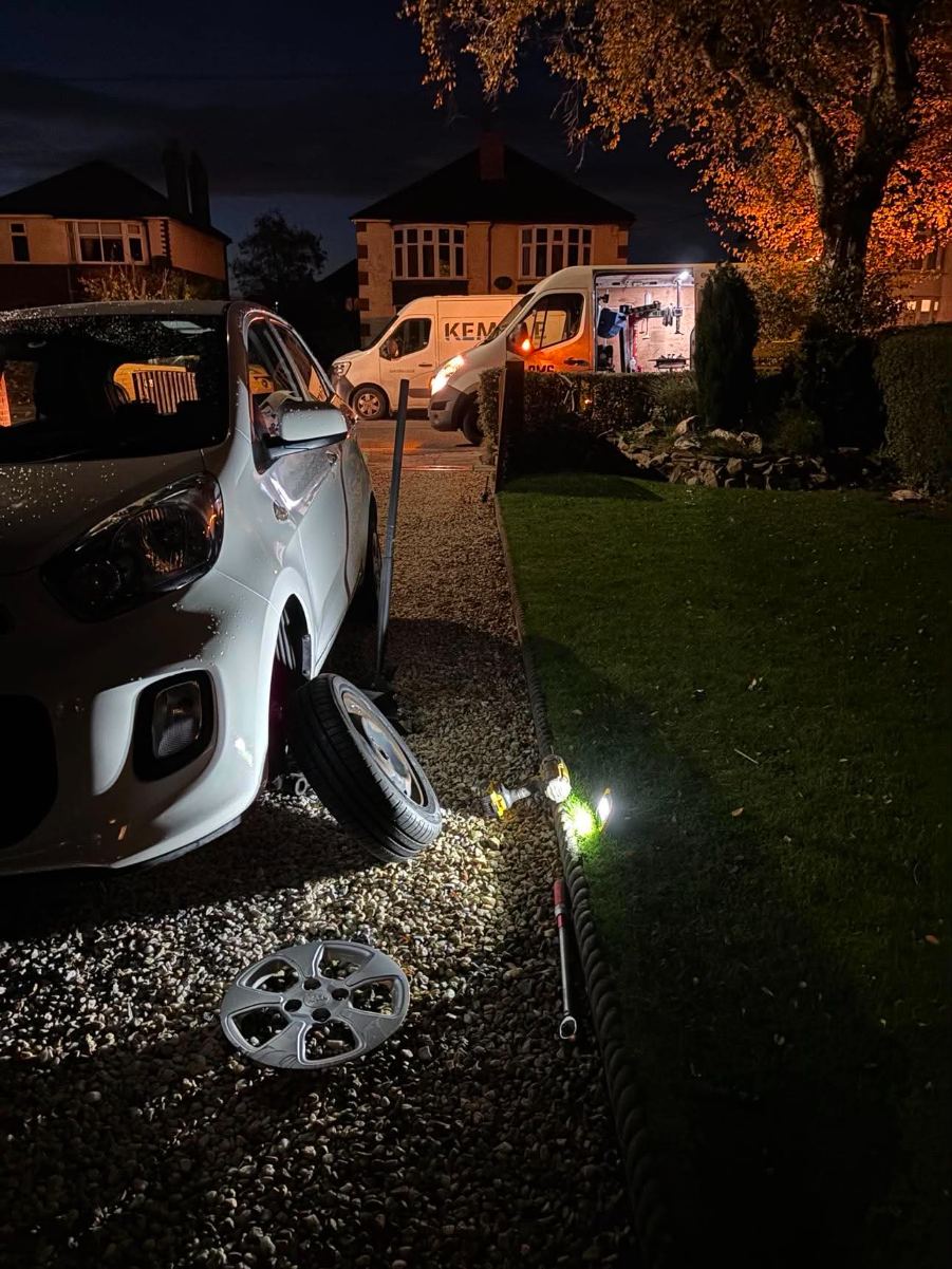 DMS Tyres mobile tyre fitter fitting a tyre in Crewe