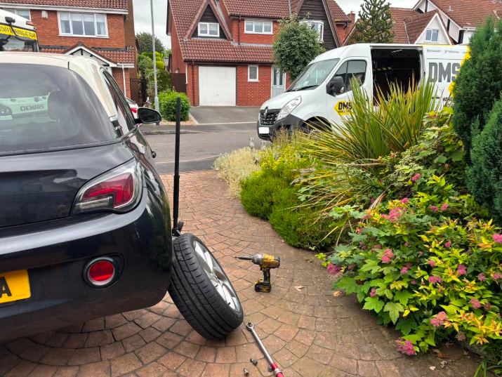 DMS Tyres van on a customer driveway during a home tyre change