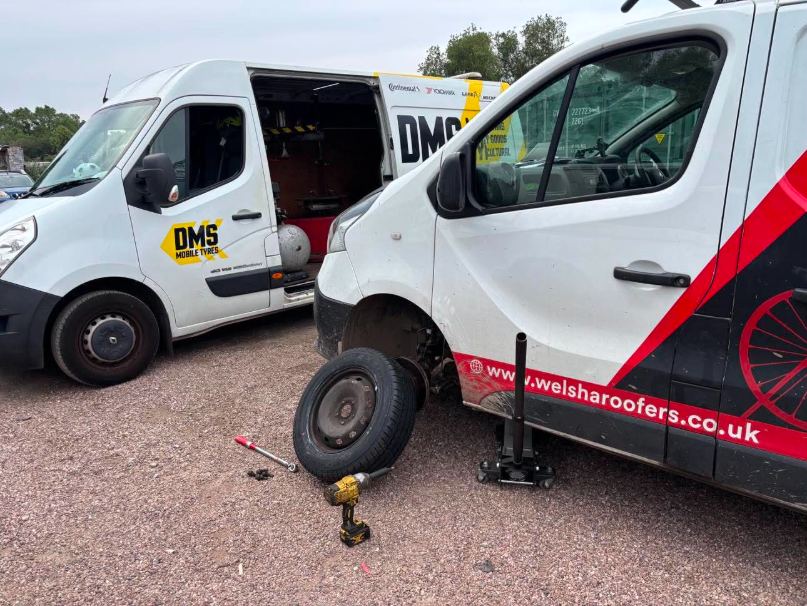 DMS Tyres van fitting a tyre on a customer's fleet vehicle on site