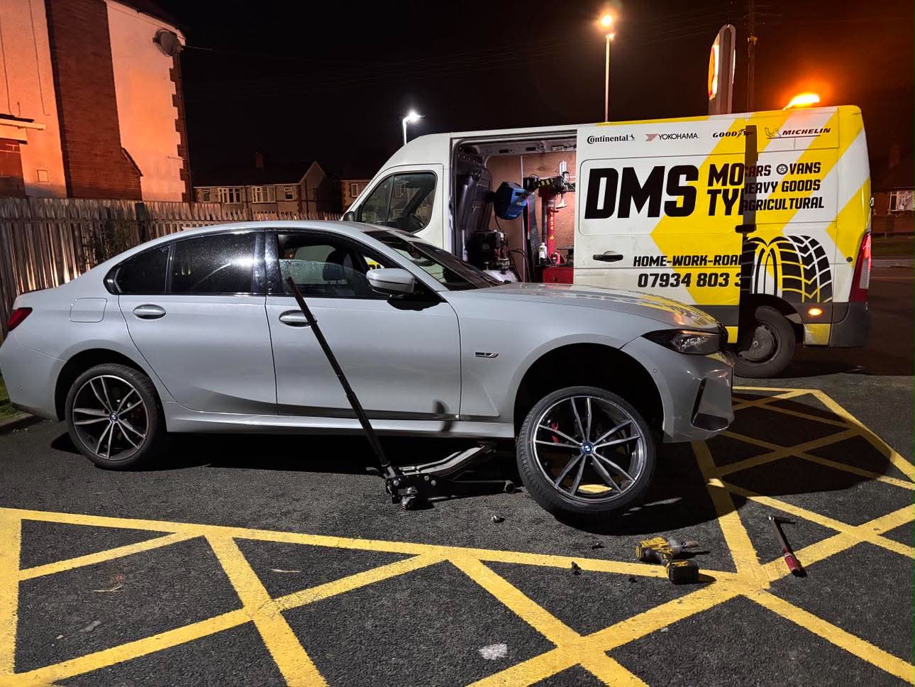 DMS Tyres mobile tyre fitter fitting a tyre in Stafford